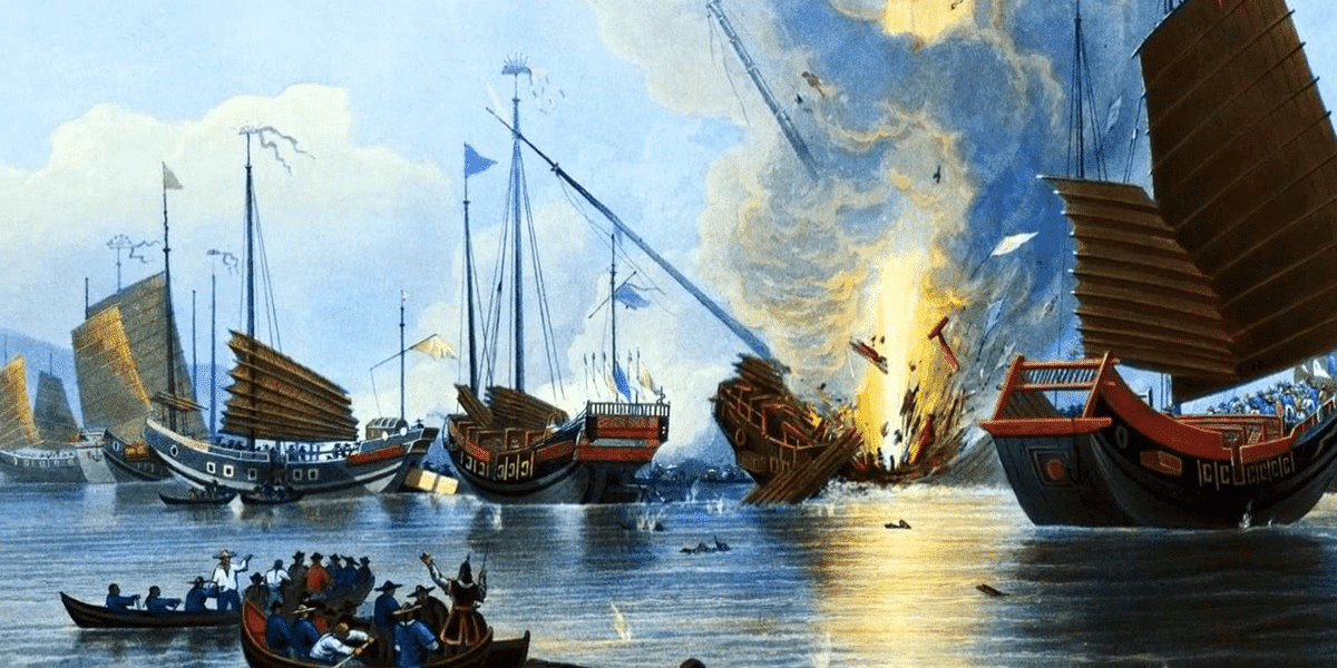 First Opium War-Chinese Junk Boat Sunk by British Battle Ships-Canton Harbor