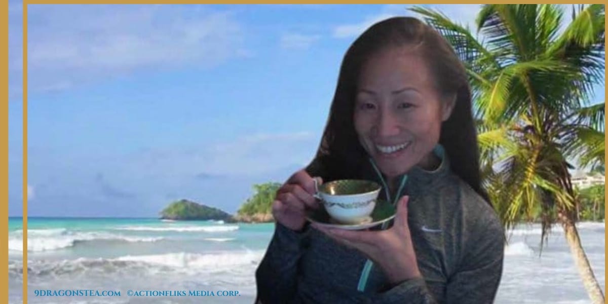 how to host a virtual tea party-christy hui-tea-blog-author-sipping tea on the beach-zoom virtual background