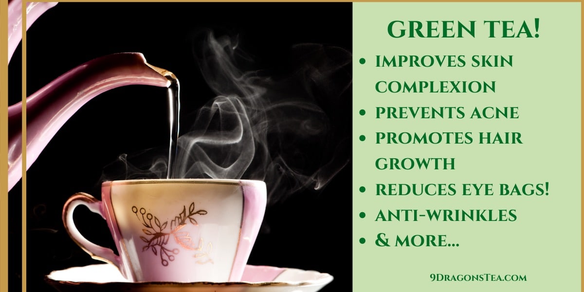 green tea pouring into a teacup-health benefits include hair growth-good for skin-good for hair growth