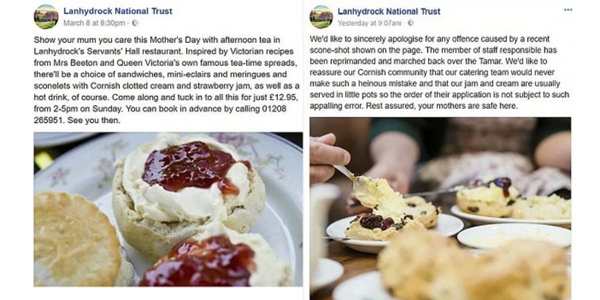 whats on first-jam or clotted cream on a scone-apology on twitter-english tea culture
