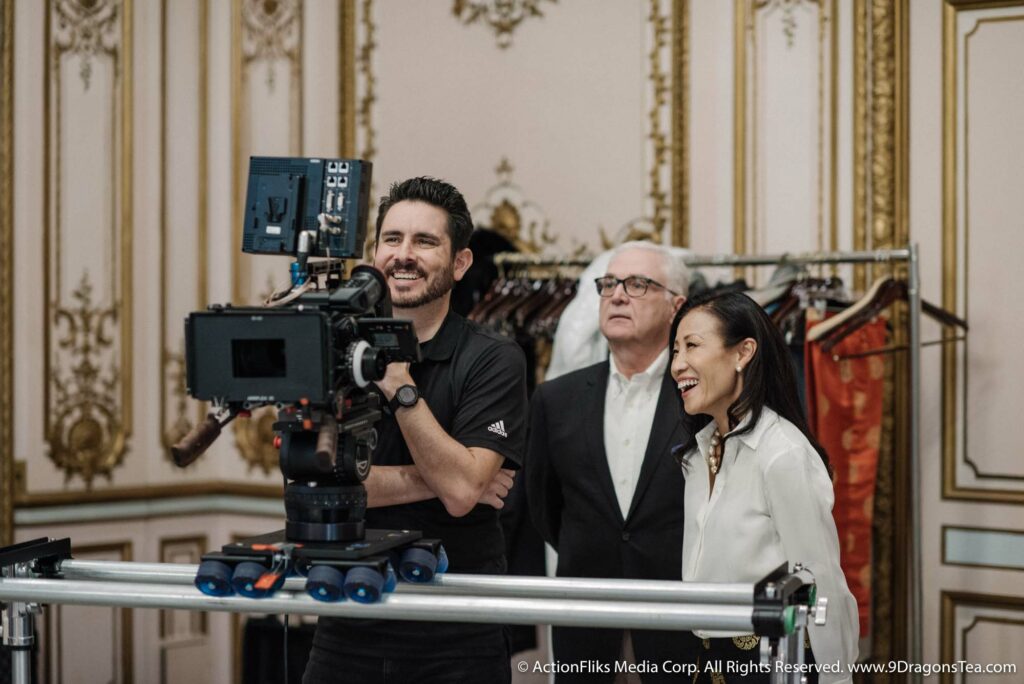 Marco Solorio, Bruce Richardson, and Christy Hui on the set of 9 Dragons Tea