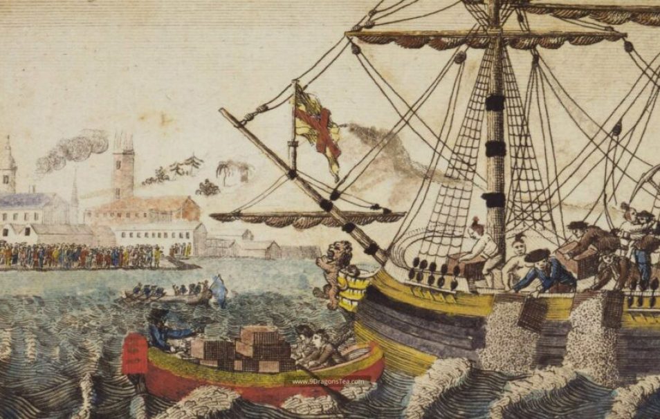 featured image historical painting How Tea Came To America boston tea party throwing tea into harbor