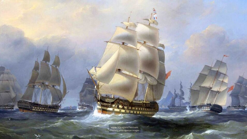 historical painting How Tea Came to England british ships in china sea